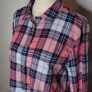 J. Crew | Pink and Blue Plaid Half Button up Shirt Size Small